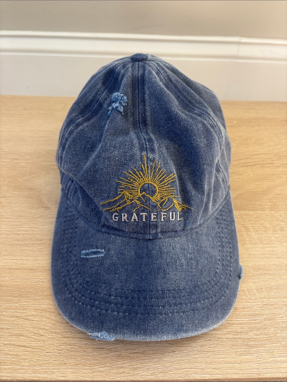 Distressed Blue Wash Cotton "Grateful" Embroidered Sun Denim Cap